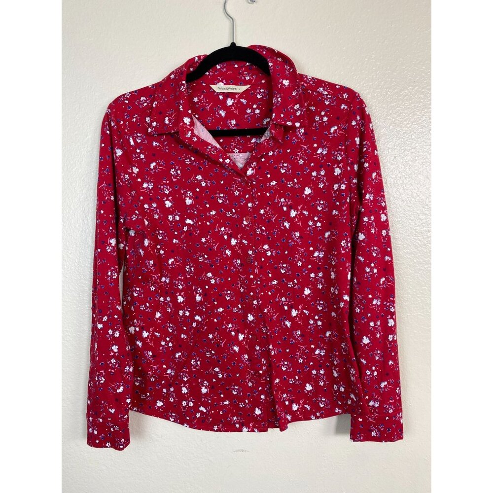 Woolovers Red Floral Long Sleeve Button Up Top Organic Cotton Modal Size Small